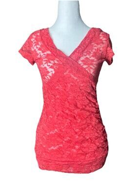 Y2K Sheer Lace Coral Feminine Romantic Top Vanity Sz M 2000s Indie Sleaze Party